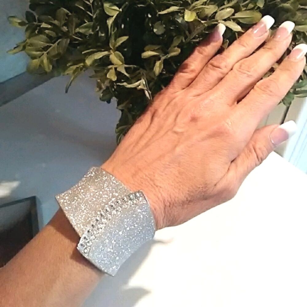 Vintage SILVER SPARKLE Crystals Cuff Bracelet HINGED  Easy On Party Glam Holiday